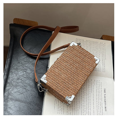 Couple's Sling Bag Straw Weaving with Corner Metal Decoration Boxy Shape Doctor Bag for Date Back to School Party Shoulder Bag