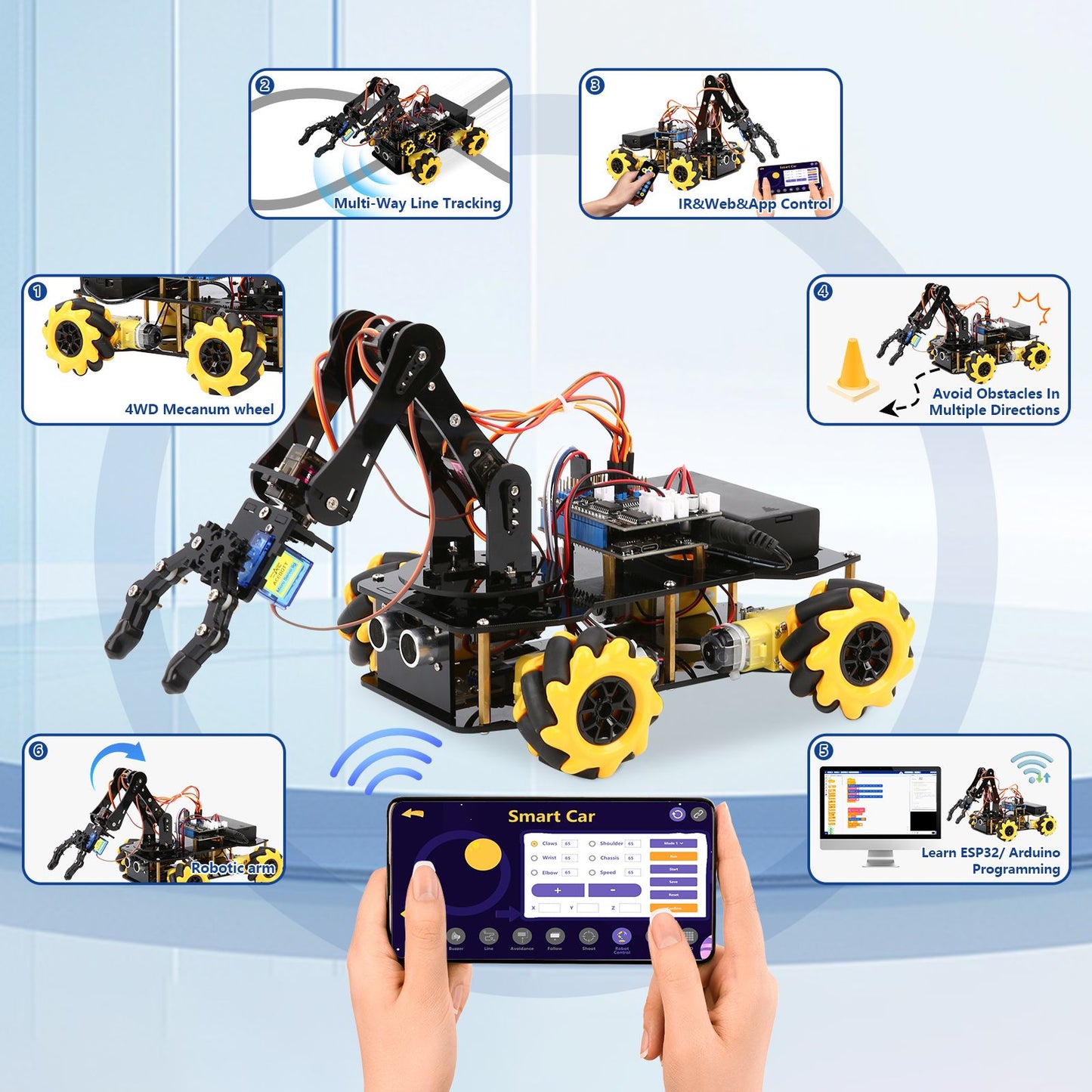 ACEBOTT ESP32 4 DOF Kit Robótico de Braço para Aprendizado, Componentes Eletrônicos Wifi, Carro Inteligente, Educação STEM STEAM, Robótica para Arduino