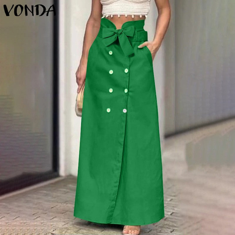VONDA Plus Size 5XL Women Elegant Fashion Maxi Skirts 2024 Solid Color Bow Belt Casual Buttons Long Skirts Pockets Loose Bottoms