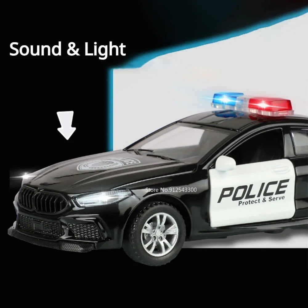 1:32 Scale M8 Competition Police Car Model Toy Alloy Diecast Shock Absorption Miniature Vehicles Models for Kids Presents