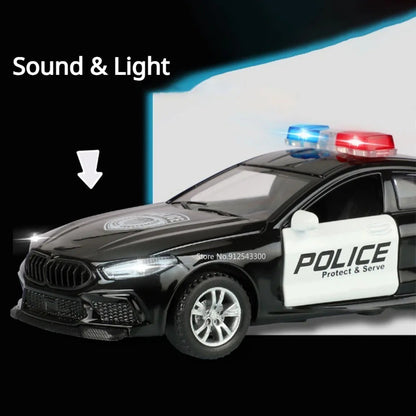 1:32 Scale M8 Competition Police Car Model Toy Alloy Diecast Shock Absorption Miniature Vehicles Models for Kids Presents