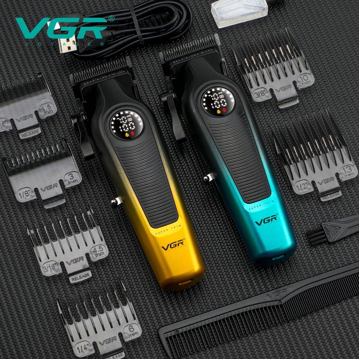 VGR 196 Professional Hair Clipper DLC Blade LED Display Cordless USB Ceramic Blade Men's Haircut Machine Hair Trimmer Machine