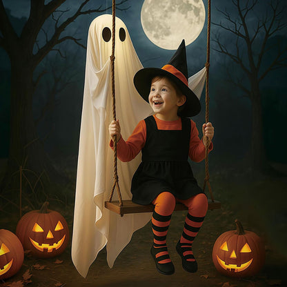 6FT Large Hanging Swing Ghost Halloween Decoration Cute White Ghost with String Light Spooky Ghost Ornament for Porch Yard Trees