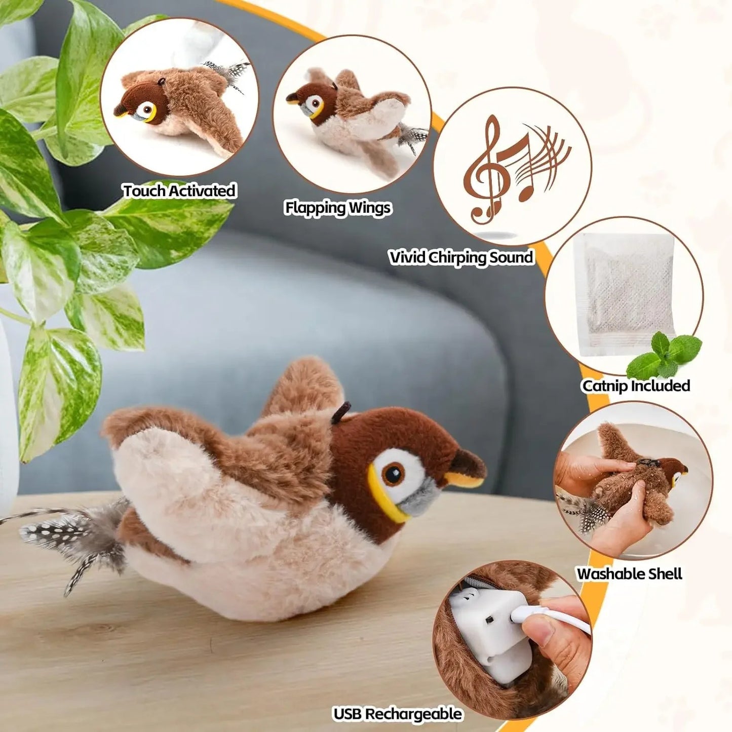 Brinquedos Interativos para Gatos Brinquedo de Pássaro Voador Recarregável para Gatos Pássaro Cantando Batendo Asas (não voa) Pode Adicionar Catnip Brinquedo de Pelúcia Ativado por Toque