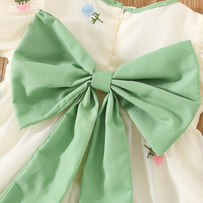 Summer Flower Embroidered Chiffon Dress for Baby Girl Birthday Dress High Quality Kids Clothes Send Big Bow