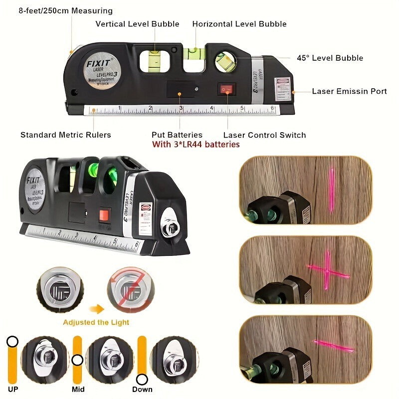 HOMEFISH Nível a Laser Fácil de Usar Ferramenta de Nível a Laser Multiuso Kit de Nível a Laser Padrão Laser de Linha Cruzada Fita Métrica de 2,4 metros