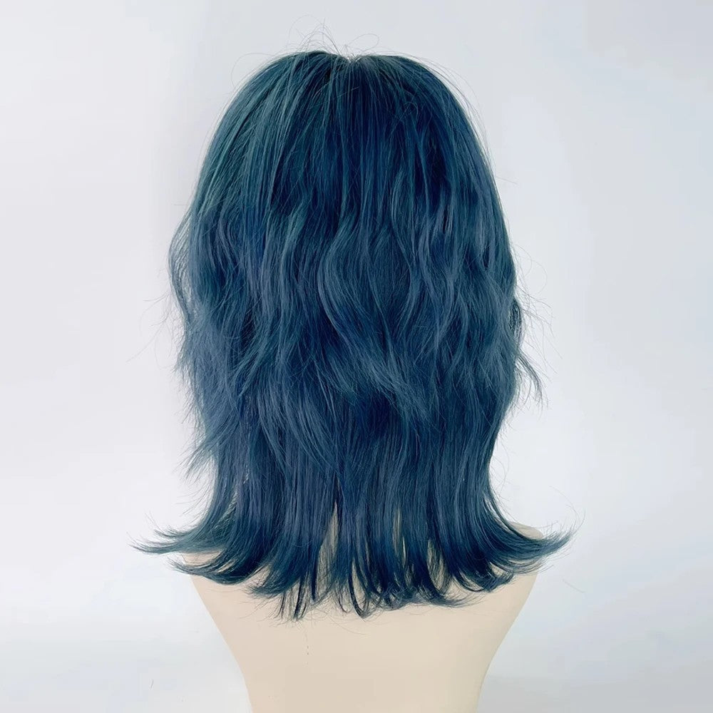 Peruca Curta Sintética Ondulada Azul Mullet Head com Franja, Resistente ao Calor, Fofa, Estilo Lolita, para Cosplay, Festas e Uso Diário