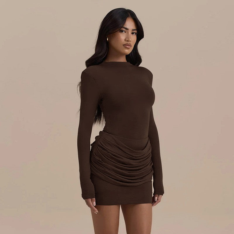 Lady Long Sleeve Ruched Sexy Mini Dress Women Autumn Winter New Elegant Solid High Waist Bodycon Club Party Dresses Female 2025