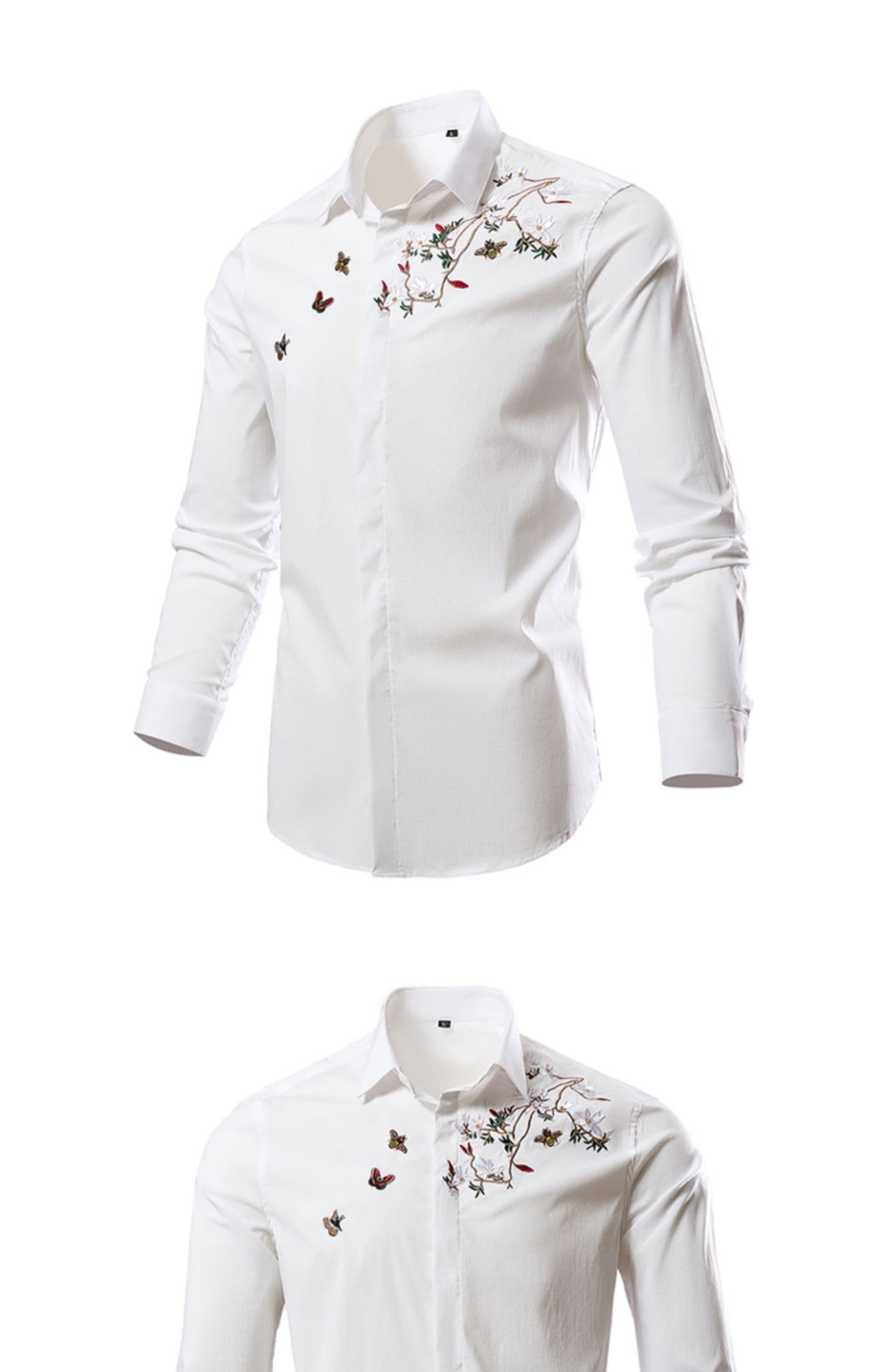 Black Mens Embroidered Long Sleeve Shirt, Black Single Breasted Lapel Casual Shirts, Asian Size M-6XL