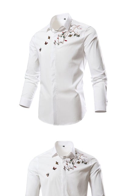 Black Mens Embroidered Long Sleeve Shirt, Black Single Breasted Lapel Casual Shirts, Asian Size M-6XL