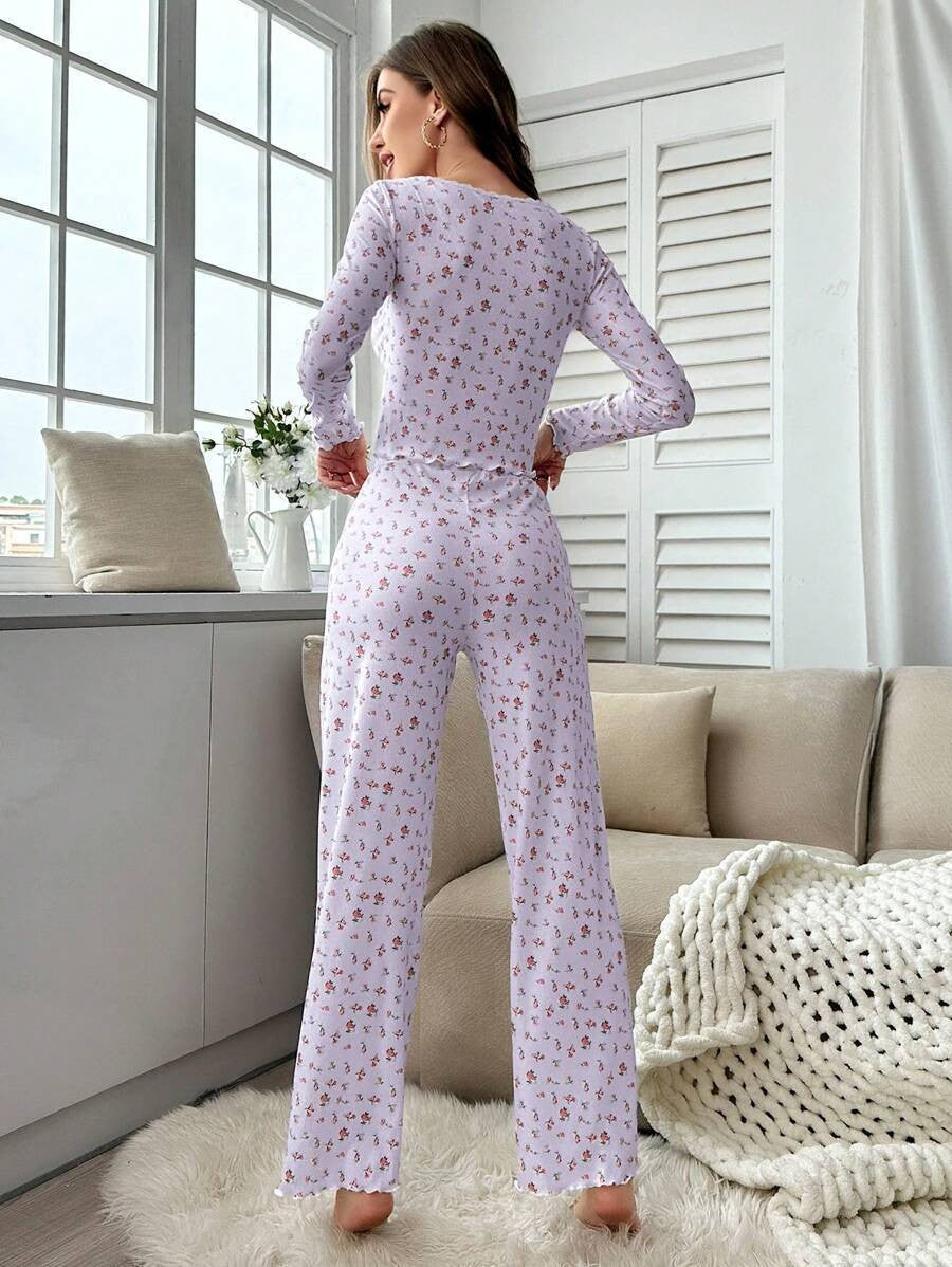 Autumn Winter Pajamas Set Women Sleepwear Floral Print Lettuce Trim Top with Long Pant Lovely Loungewear Full Sleeve Nightwear