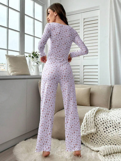 Autumn Winter Pajamas Set Women Sleepwear Floral Print Lettuce Trim Top with Long Pant Lovely Loungewear Full Sleeve Nightwear