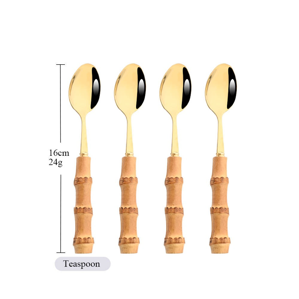 Drmfiy Teaspoon Dinnerware Set Stainless Steel 4/6/10Pcs Coffee Spoons Cutlery Set Kitchen Bamboo Handle Golden Tableware Set