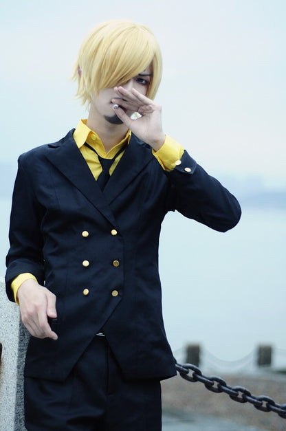 Anime One Sanji Piece Cosplay Costume Blue Yellow Shirt Suit Uniforms Full Set Halloween Party Role Play Outfit for Adult Men