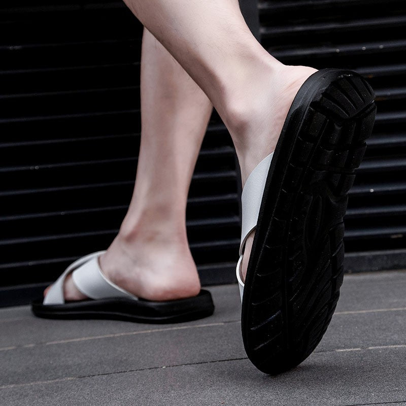 New Arrivals Italian Leather Slippers for Men Summer Hotel Beach High Quality Slip on Light Flats Male Flip Flops Big Size 38-47