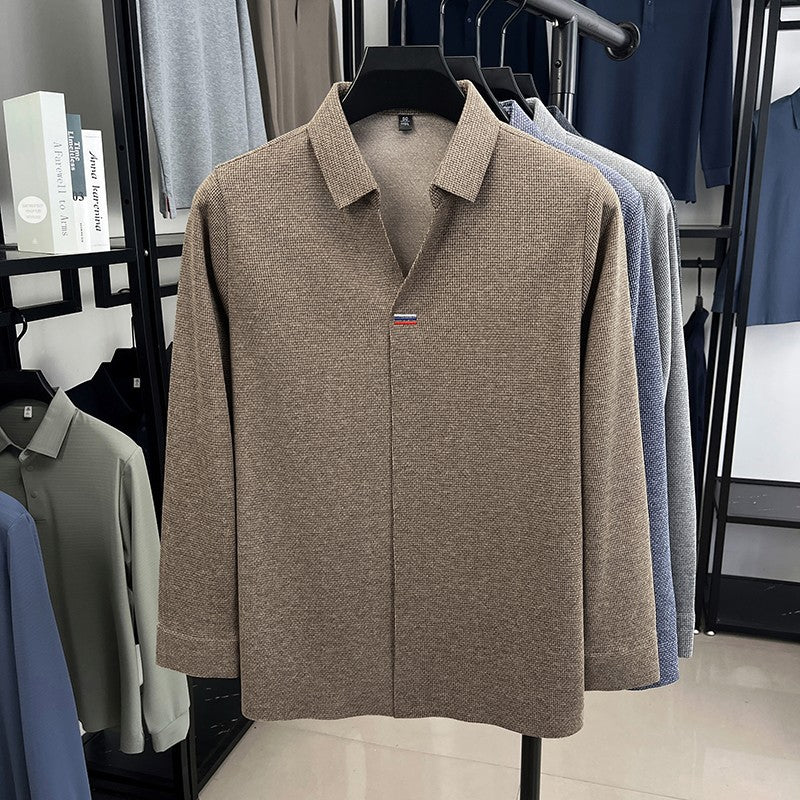 High end brand men's long sleeve V-neck polo shirt autumn fashion new striped embroidery design boutique golf top casual T-shirt