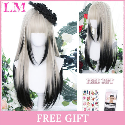 LM Medium Length Pink Cosplay Wig Heat Resistant Costume Party Synthetic Wigs 2 Clip On Ponytail 7 Colors