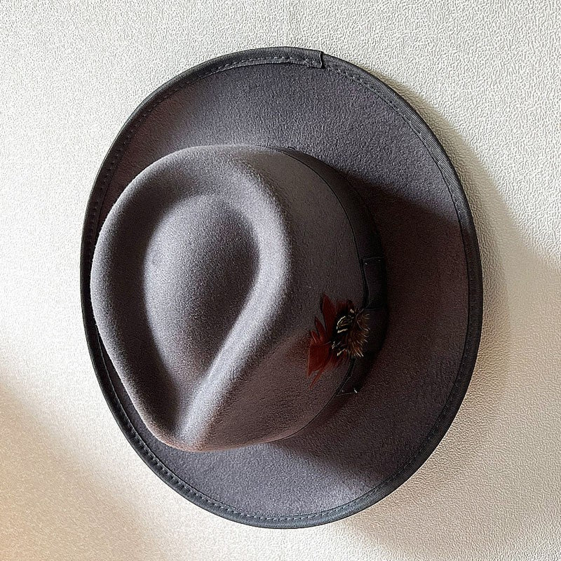 Handmade Feathers Felt Fedora Hat Vintage Men Panama Trilby Hats Curved Brim Gentleman Party Dress Cap