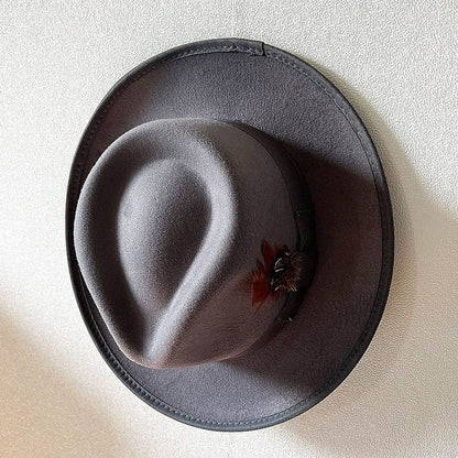 Handmade Feathers Felt Fedora Hat Vintage Men Panama Trilby Hats Curved Brim Gentleman Party Dress Cap