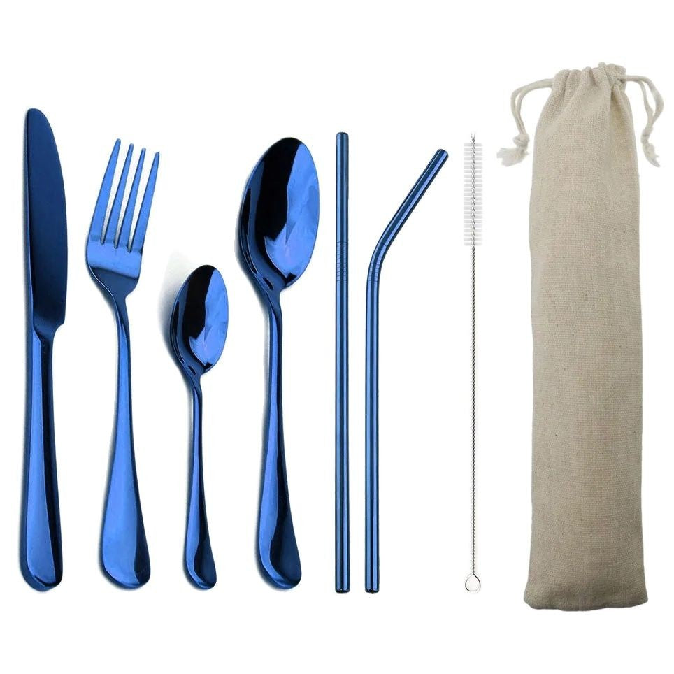 Conjunto de Louça Azul de 4 Peças com 2 Canudos de Metal Aço Inoxidável Talheres Coloridos Faca Garfo Colher de Chá Talheres de Prata