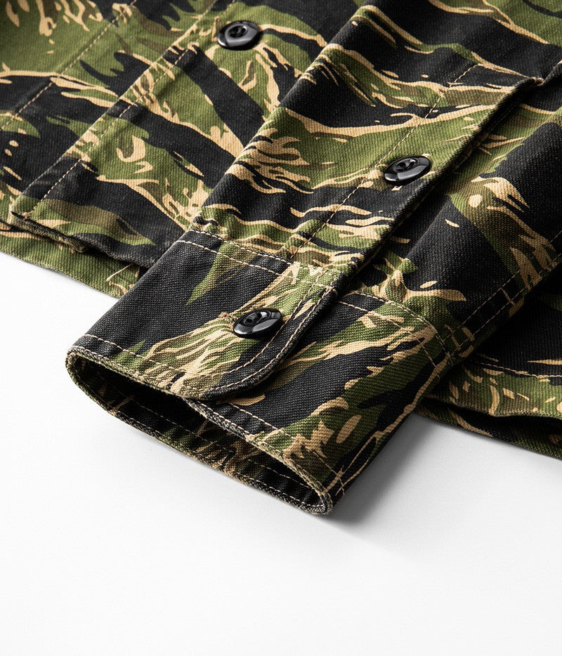 2025 Spring Men's Tiger Stripe Camo Camouflage Cargo Shirt Fashion Work Engineer Long Sleeved Shirt Jacket With Double Pockets