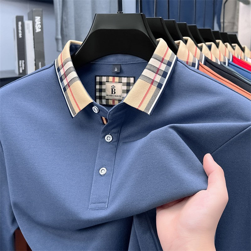 Luxury brand long sleeve polo shirt men comfortable casual autumn item silk cotton high-end Korean fashion plaid lapel T-shirt