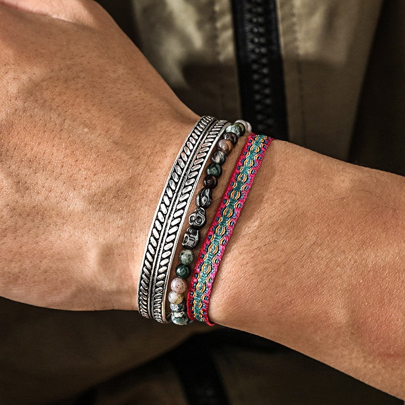 Pulseira Tibetana de Buda com Corrente de Corda Azul, Pedra Natural Envelhecida, Contas, Para Homens, 3 Peças/Conjunto, Banhada a Prata, Ajustável, Joia de Presente