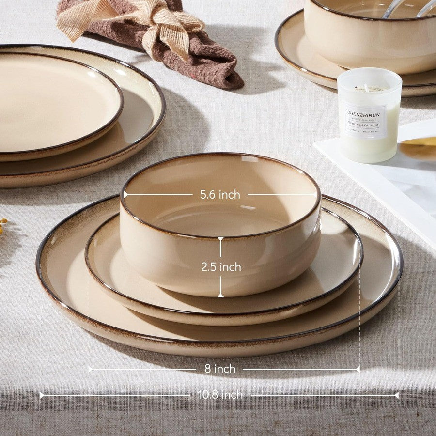 24Piece Plates and Bowls Set Stoneware Dinnerware Sets for 8 Reactive Glaze Ceramic Dinning Ware Dishes Microwave and Dishwashe