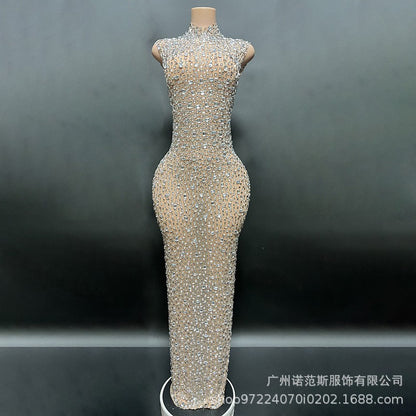 Sexy Full Drill Elastic Slim Fit Sleeveless Long Dress - Hip Wrap, For Host Stage Catwalk & Engagement Evening High-Slit Dresses