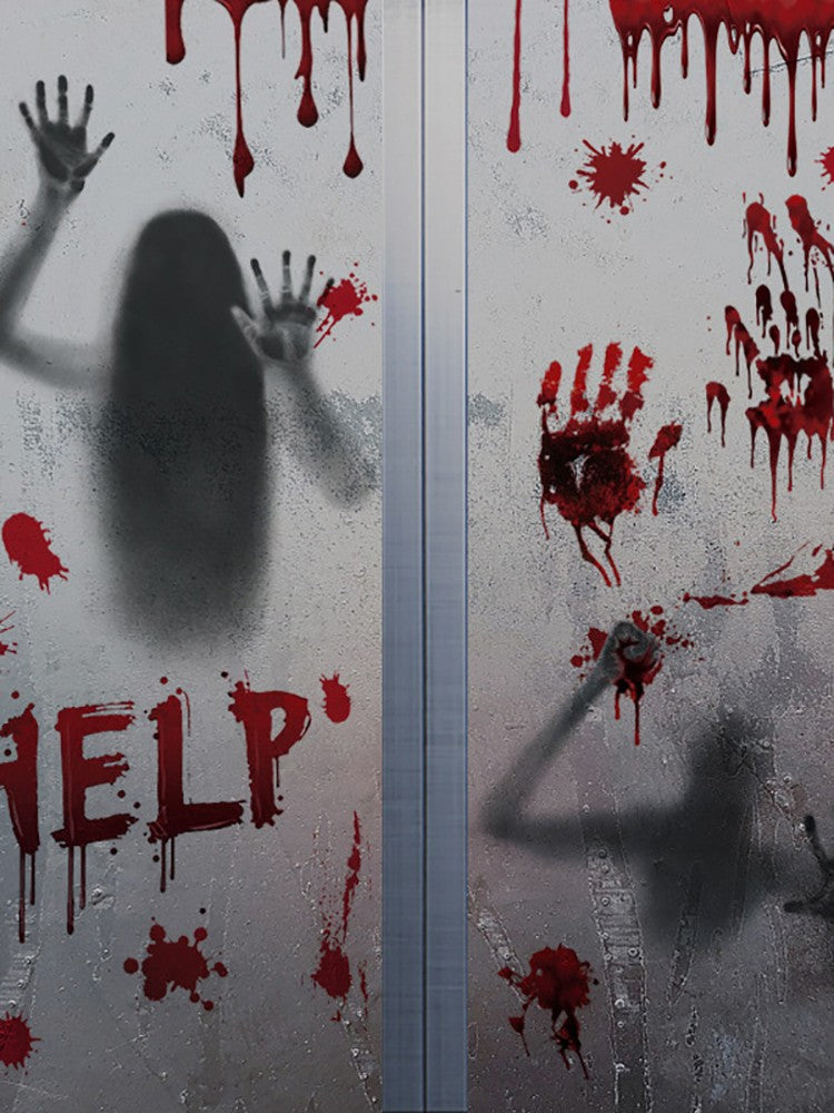 ?G?Halloween Stickers Horror Blood Hand Print Door Stickers Window Bathroom Shadow Glass Female Ghost Wall Decal Halloween Decor
