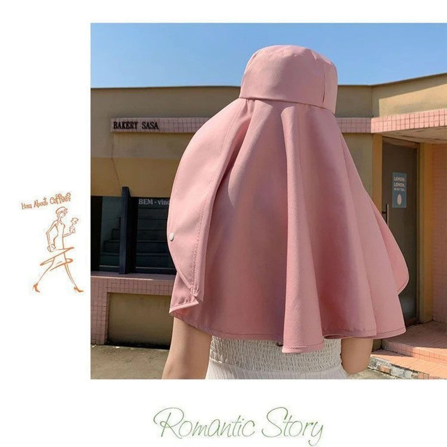 Women Summer Sun Hat with Wide Brim UV Protection, Ponytail Design Neck Shawl for Outdoor Fishing Hiking