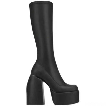 Comemore Women Punk Style Autumn Winter Chunky Platform High Boot Party Shoes Ladies Black Thick Heels Elastic Knee High Boots
