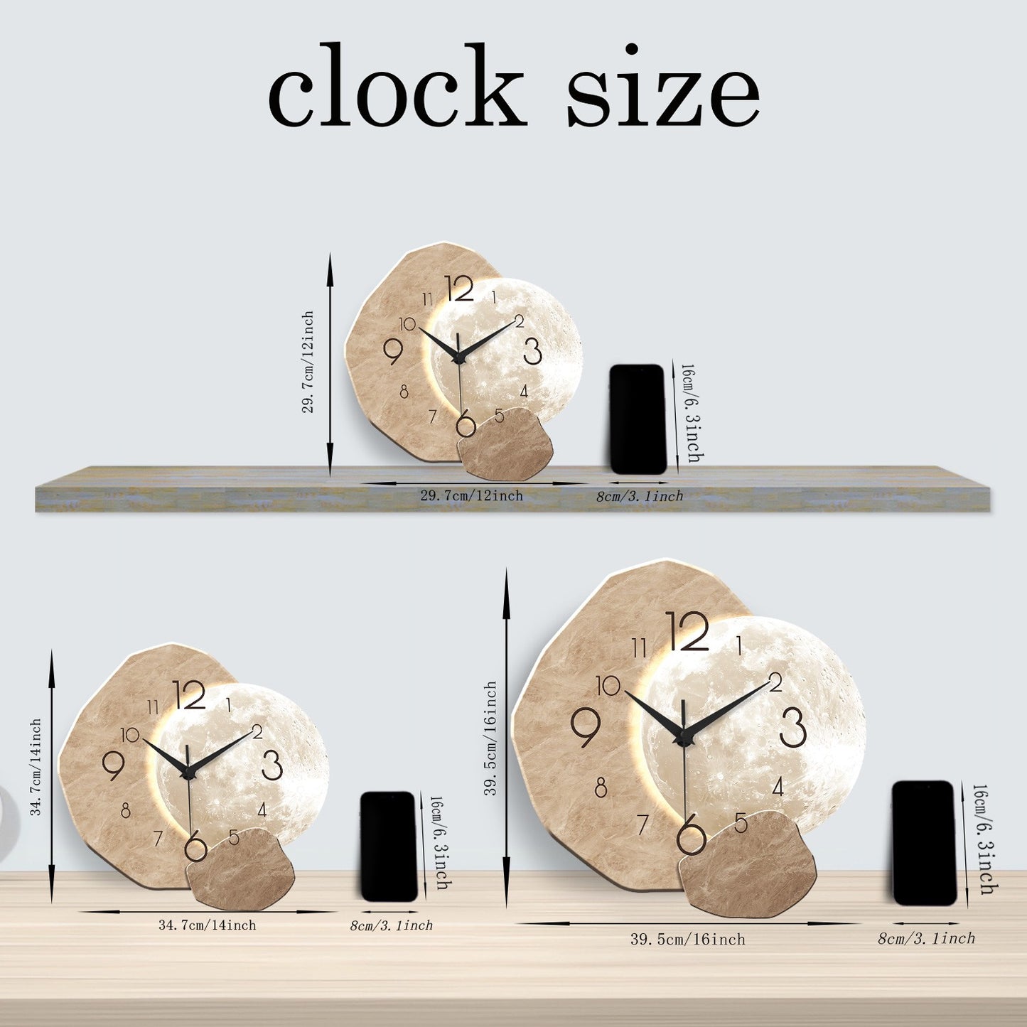 Modern Simple Silent Wall Clock, Moon Design - Quartz Movement, Wooden Material, for Bedroom, Living Room or Office Decoration