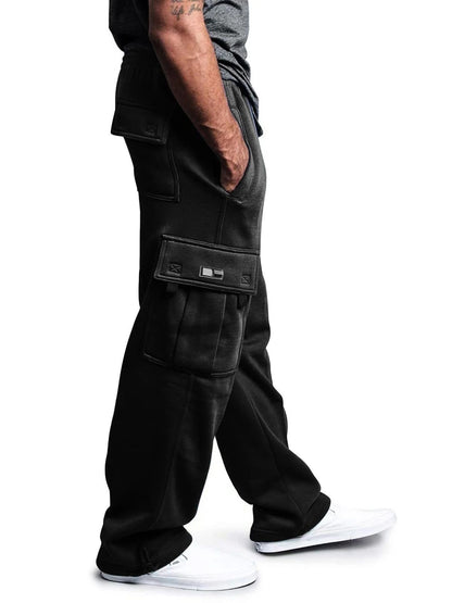 Men's Stretch Elastic Waist Jogger Sweatpants - Black with Multiple Utility Pockets, Drawstring Closure & Side Stripes