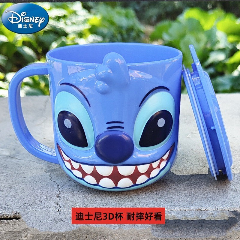 Copo infantil de desenho animado Disney Mickey Stitch com tampa Caneca de leite Frozen Elsa 3D Copo para beber em casa Copo para escovar a boca Copo de água infantil