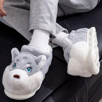 Women Indoor Cotton Slippers Cute Cartoon Dog Winter Warm Shoes Couples Home Floor Slides Anti-slip  Female Male House Footwear