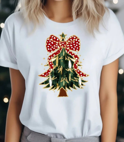 Women's Fashionable Christmas Tree Pattern Printed Women's Summer T-shirt Top, Short Sleeved Round Neck Casual Women's Clothing