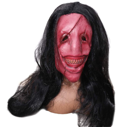 Scary Long Hair Red Face Devil Mask Exposed Teeth Latex Headgear Wig Horror Face Masks Creativity Spooky Scary Demon Mask