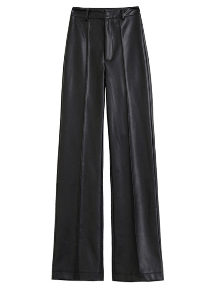 Lautaro Spring Autumn Long Black Soft Pu Leather Pants Women with Zipper High Waist Casual Elegant Straight Leg Trousers 2022