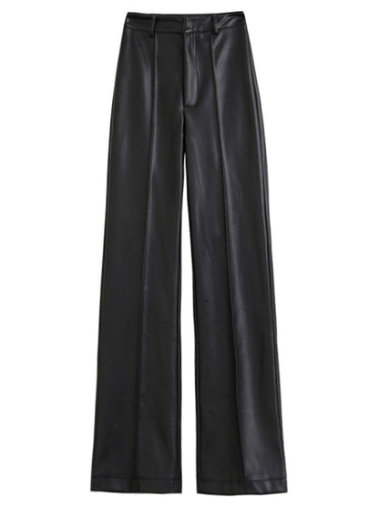 Lautaro Spring Autumn Long Black Soft Pu Leather Pants Women with Zipper High Waist Casual Elegant Straight Leg Trousers 2022