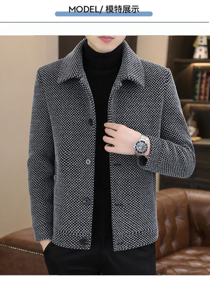 Korean Winter Woolen Jacket Men Plush and Warm Short Trench Coat Plaid Casual Business Streetwear Overcoat Social Men Clothing