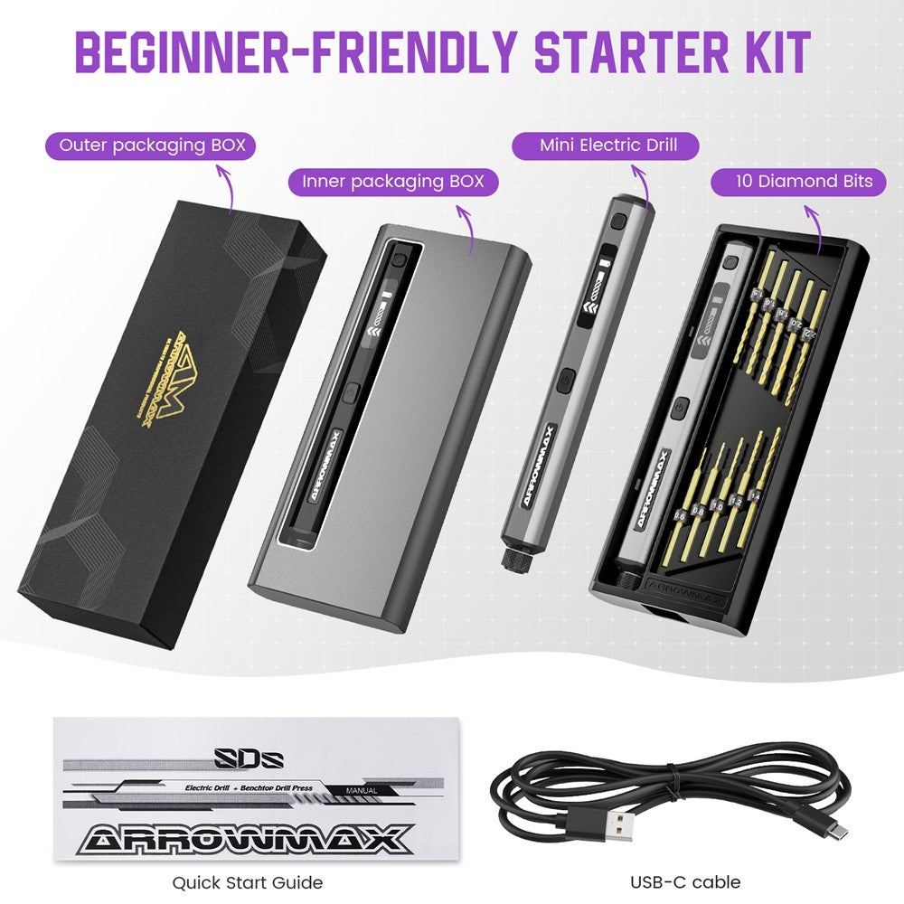 Mini Furadeira Elétrica ARROWMAX Ferramenta Rotativa Furadeira Sem Fio Recarregável para Artesanato Madeira Plástico Alumínio Moeda Casa DIY SDS Ultra