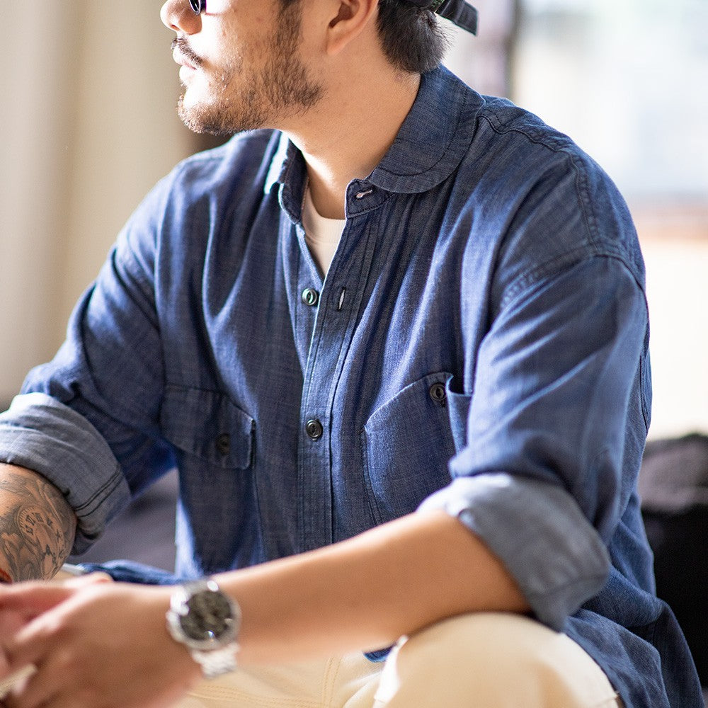 Maden Vintage Denim Shirt for Men's Spring Lightweight CPO Long Sleeve Shirt Lyocell Casual Thin Blue Lapel Collar Blouse