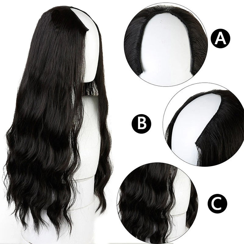 Meia Peruca Cacheada Longa Ondulada em U para Mulheres 60 cm Natural Feminina Peruca Longa Preta Marrom Extensões de Cabelo Sintético Resistente ao Calor