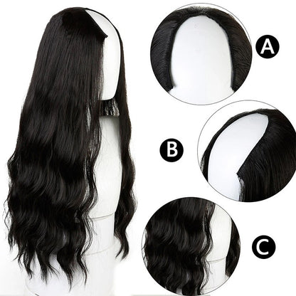 Meia Peruca Cacheada Longa Ondulada em U para Mulheres 60 cm Natural Feminina Peruca Longa Preta Marrom Extensões de Cabelo Sintético Resistente ao Calor