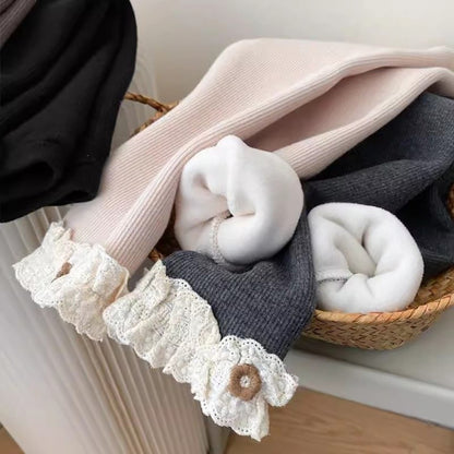 Girls Fleece Lined Leggings Children Fashion Lace Trim Slim Fit Thermal Pants Kids Winter Warm Outwear Casual Clothes