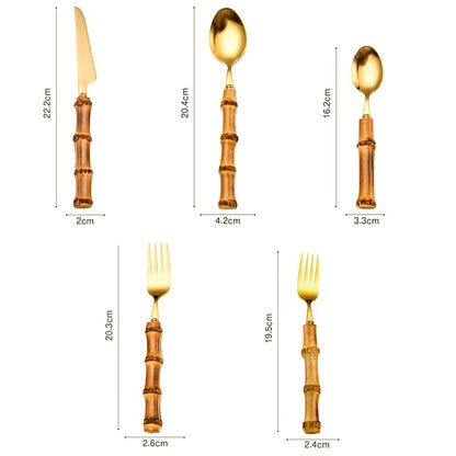 Conjunto de Talheres de Bambu 1 peça/4 peças Aço Inoxidável Dourado Faca Garfo Colher Louça Talheres Seguros para Lava-louças Conjunto de Talheres