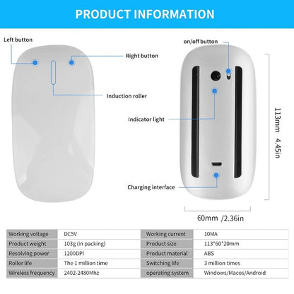 Mouse de Computador Sem Fio Bluetooth Xiaomi Magic Recarregável Touch Fino Ergonômico Modo Duplo Silencioso para PC Apple Macbook Air