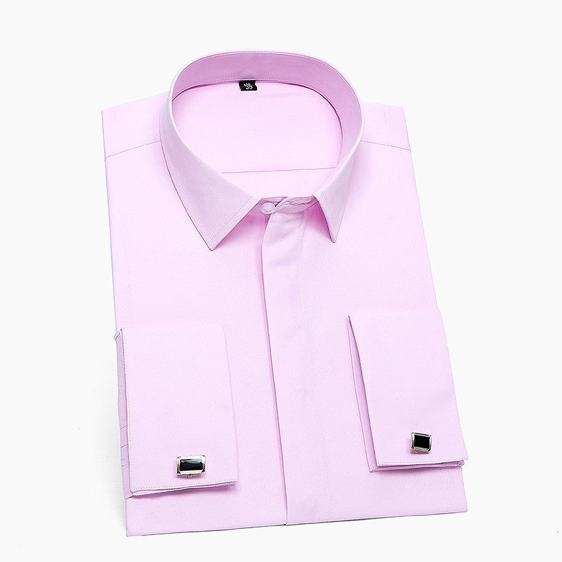 Men's Classic French Cuff Dress Shirt Covered Placket Long Sleeve Tuxedo Male Shirts with Cufflinks No Pocket Office Work White