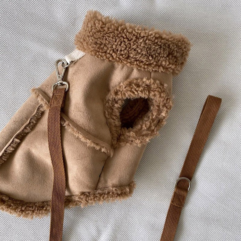 Colete Clássico para Cães de Cor Lisa, Outono/Inverno, de Lã, Quente, para Pets Pequenos e Médios, Jaqueta Colete Quente com Fivela de Tração, Roupas de Veludo